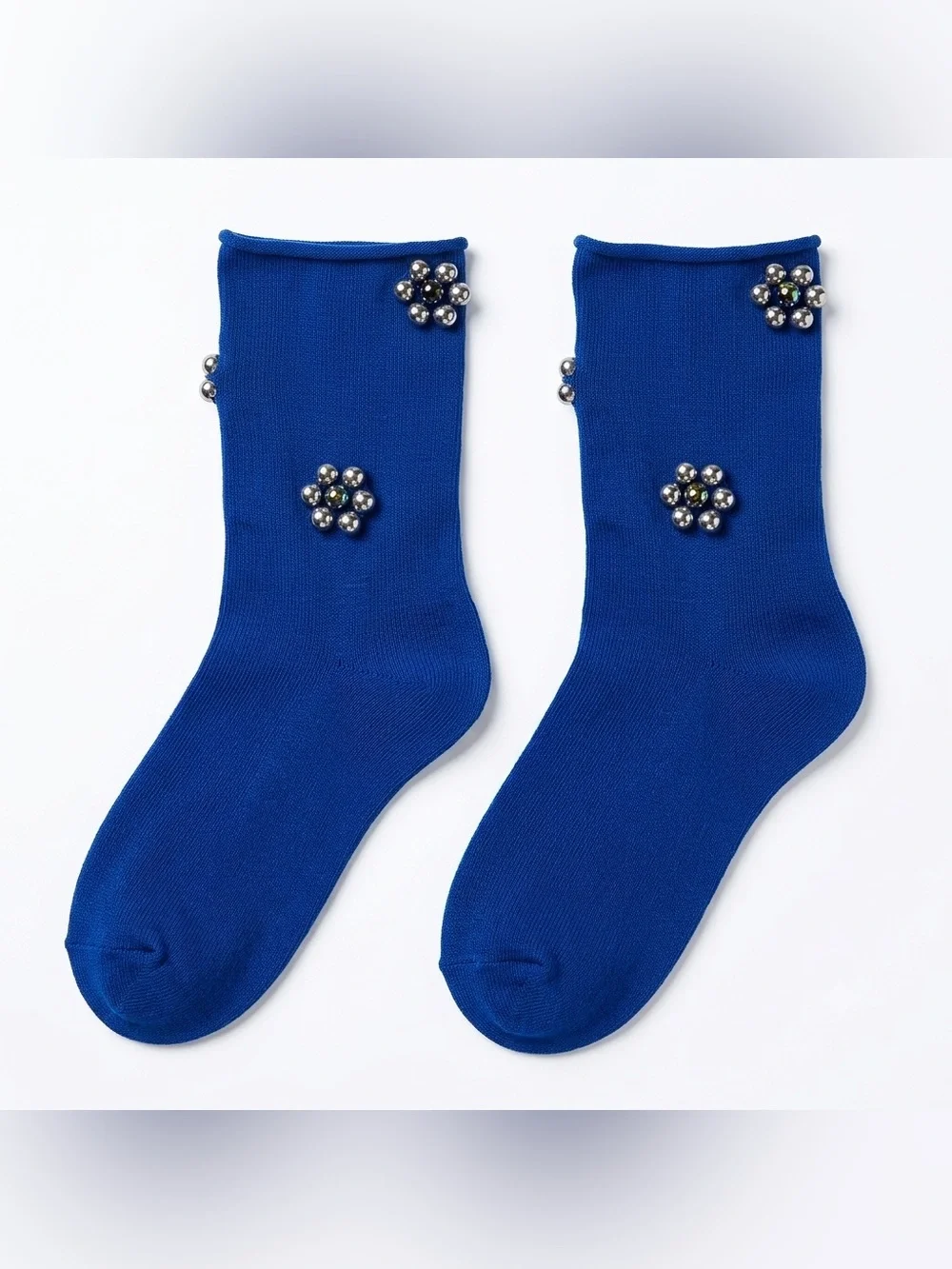 Christmas blue stainless steel snowflakes socks, adult size, artisan made